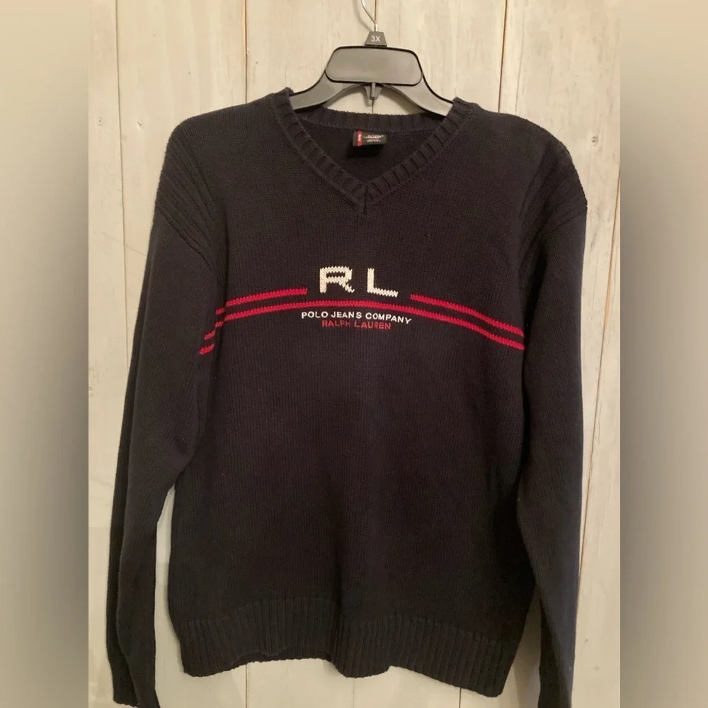 Polo Ralph Lauren RL Jeans Company Logo Men's Large V‎ Neck Sweater Cotton Black